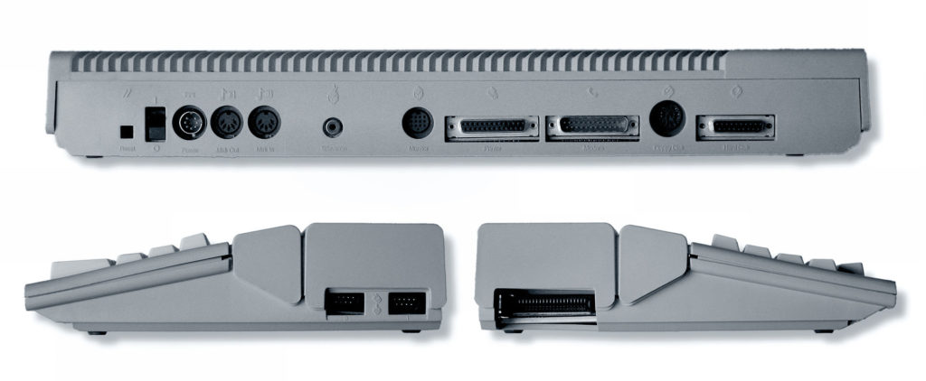 Atari520ST_Interface(connecteurs) vue arrière, et des deux côtés de l'Atari 520ST, montrant les différents types de connecteurs externes.