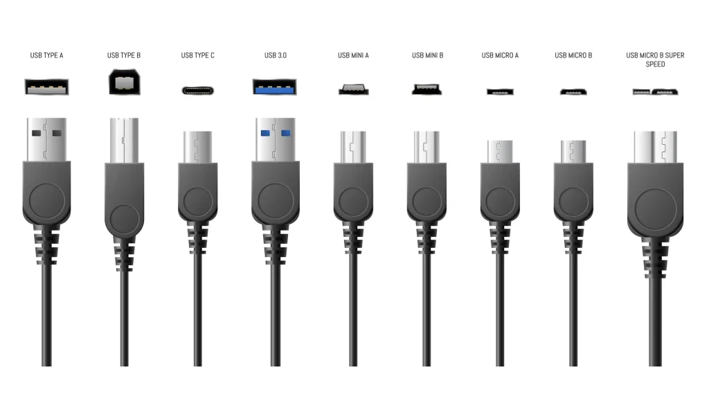 Photo montrant tous les types de prises USB A et B, versions 1 à 3.
