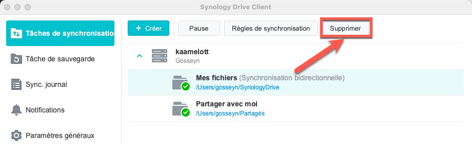 Sélection de la tâche "Mes fichiers" puis clic sur le bouton Supprimer.