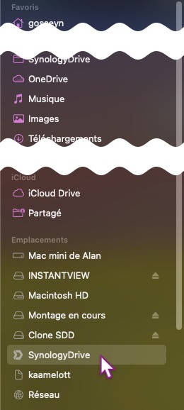 Mac OS X Finder barre latérale nouvel emplacement "SynologyDrive" (copie d'écran)