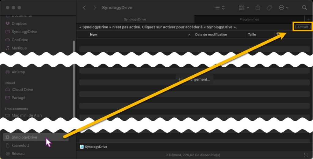 Fenêtre du Fenêtre ouverture sur le nouveau dossier "SynologyDrive" dans la section "Emplacements" et qui est vide. En attente de clic sur le bouton "Activer".