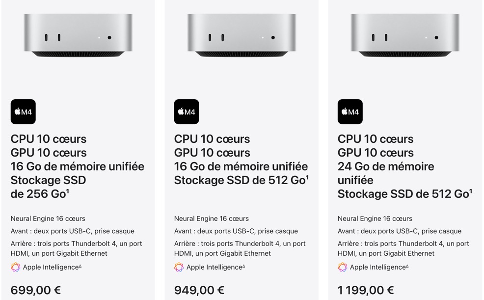 Apple store Mac mini M4 choix des modèles (3 différents modèles affichés en colonne)