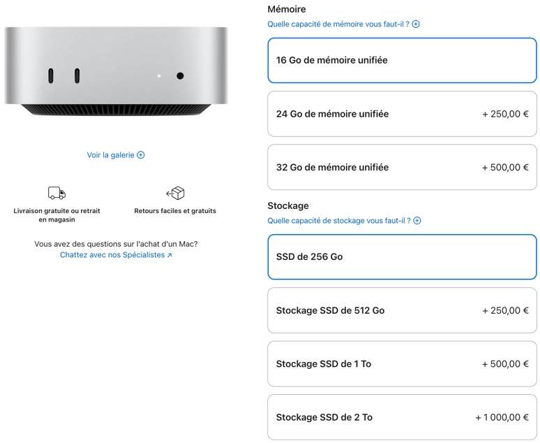 Les options de configuration du Mac Mini M4 sur l'Apple Store pour modifier la quantité de mémoire vive ou de stockage SSD.